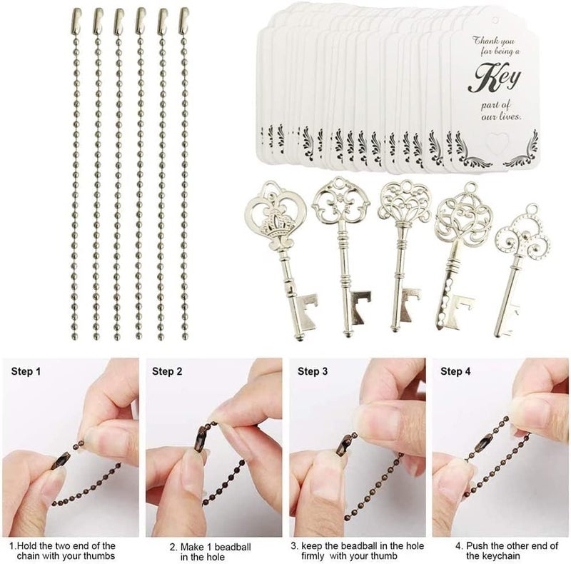 WODEGIFT 50pcs Vintage Skeleton Key Bottle Opener,Bridal Shower Favors,Wedding Favors Souvenir Gifts with Thank You Escort Tag and Key Chains (Silver,5 styles) - Image 4